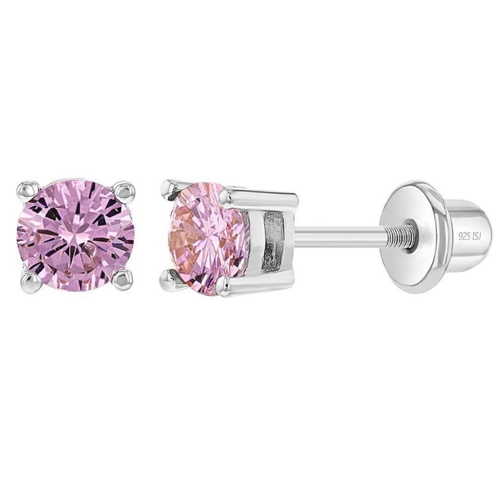 4mm pink 925 Sterling Silver Cubic Zirconia Round Screw Back Earrings Toddlers